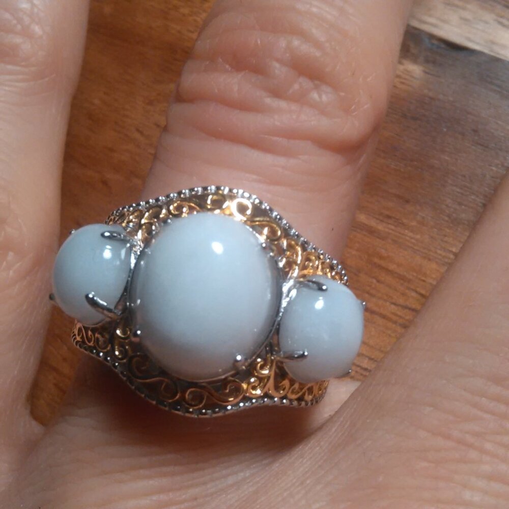 Natural Jade 18K Vermeil Yellow Gold and Sterling Silver Ring (Size 7)